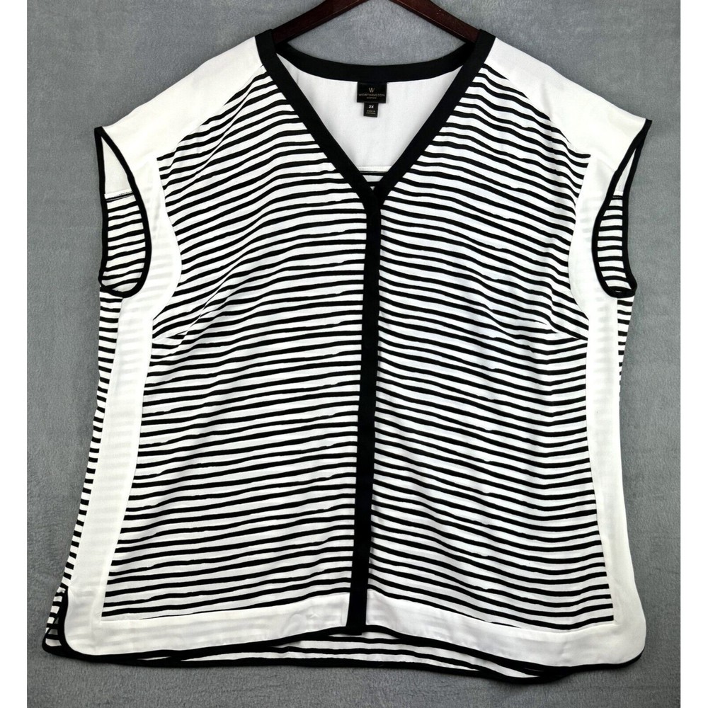 Worthington White with Black Stripes V-neck Sleeveless polyester blouse Size 2X